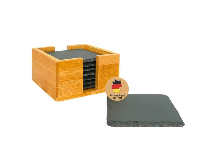Intirilife Untersetzer-Set mit Bambushalterung und Kreidestiften (11-tlg.), Schwarz, Stein, 10x10 cm, Glas, Untersetzer
