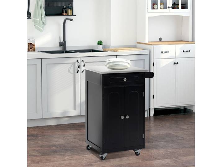 HOMCOM Chariot Cuisine à Roulettes MDF Noir Acier Inox