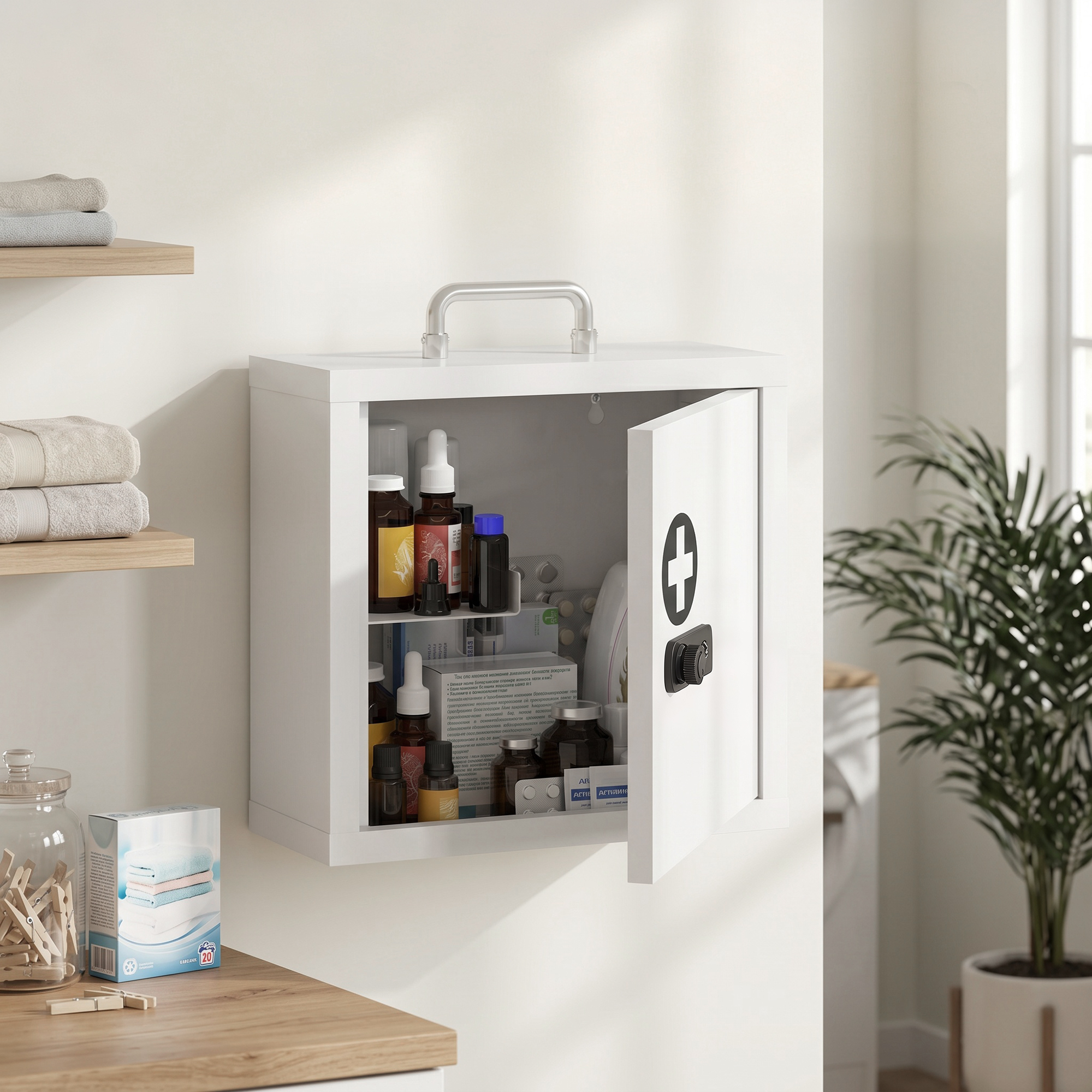 Homcom Armadietto medicinali da parete con serratura a combinazione e 2 livelli, bianco   Aosom Italy