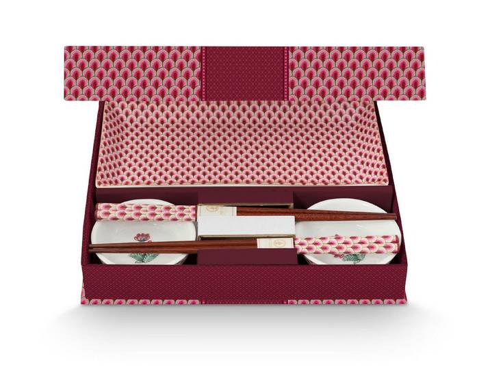 PiP Studio Geschirr-Set Flower Festival Oriental Geschenkset rund dark pink 6tlg, Porzellan, Giftset Round Oriental Flower Festival Dark Pink