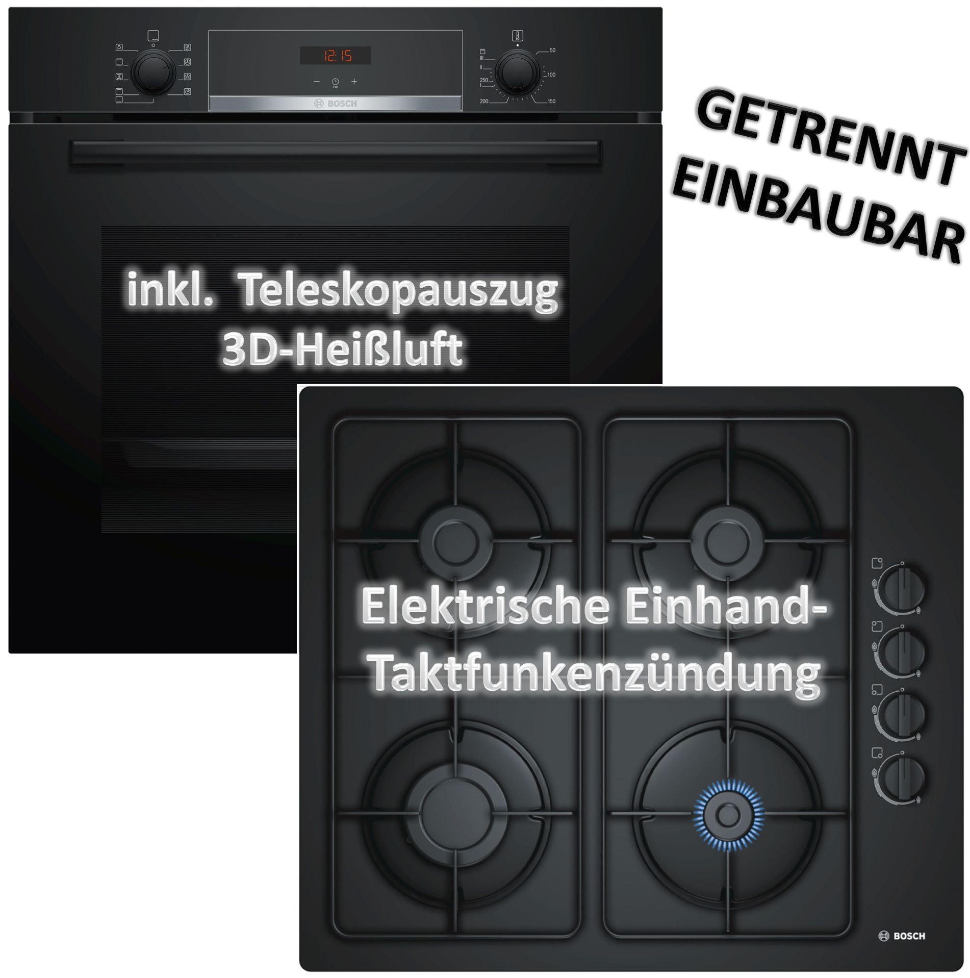 HERDSET Bosch Backofen Teleskopauszug 3D-Heißluft ecoClean Direct + Gaskochfeld