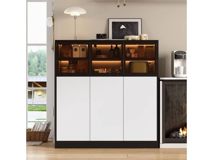 Buffet - Haut 100x40x105 cm - 3 portes vitrées - 3 portes blanches - Éclairage LED 24 couleurs