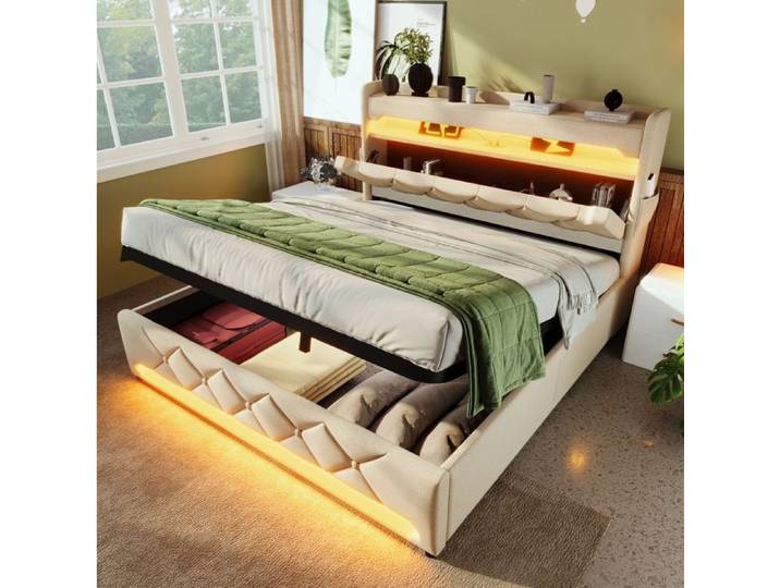 ULEVR lit double rembourre 140 x 200 cm beige avec LED 360° tete de lit rangement USB et USB-C coffre