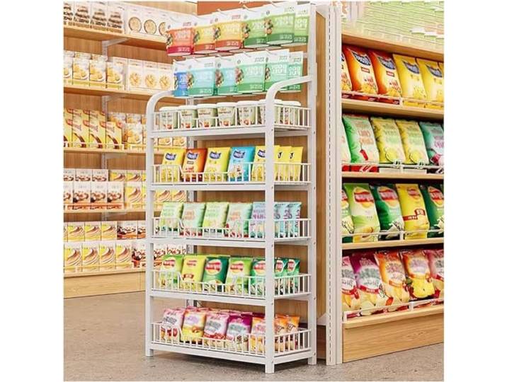 Regal für den Einzelhandel, Supermarkt-Gemüseregal, 3/4/5 Etagen, Supermarktregal mit Haken, großes Verkaufsregal, Metalldraht, Snack-Display, zum Aufhängen, Weiß, 5 Etagen, 166 x 27 x 70 cm