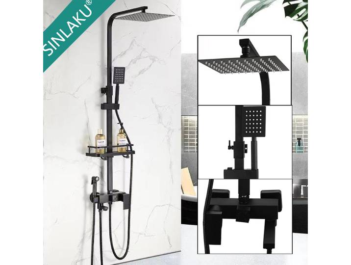 Ensemble de robinetterie de douche SINLAKU avec étagère, mitigeur de baignoire, système de cabine de douche mural en laiton noir