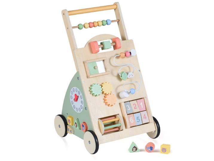 Houten Loopwagen voor Baby's Kinderwagen met Wielen en Opbergmand Montessori-Loopspelgoed en Activiteitencentrum