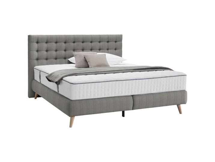 Boxspringbett, Hellgrau, 180x200 cm, Textil, Gepolstertes Kopfteil, Modern