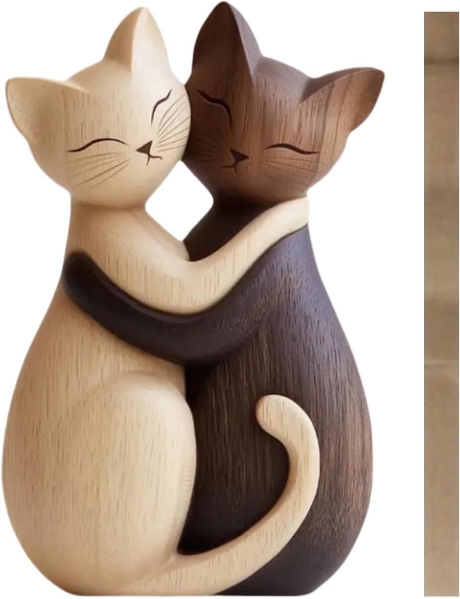 Houten Kat Beeld - Dieren Paar Figuur voor Woonkamer Decoratie - Hoogte: 10 cm