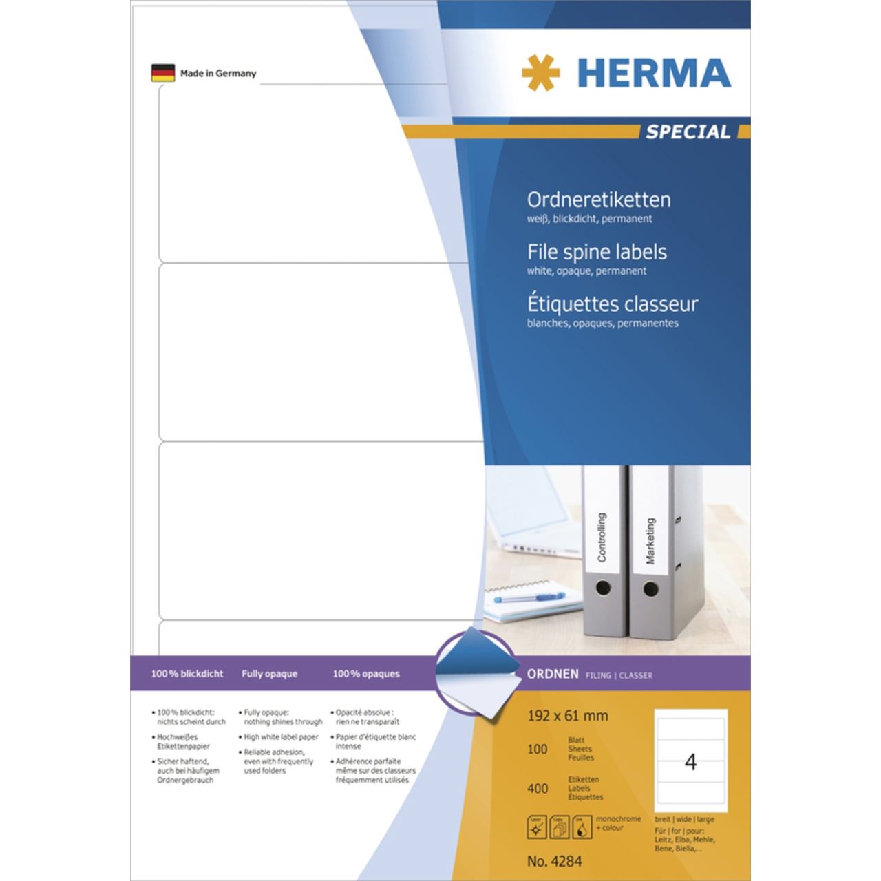 Herma 4284 blickdicht Ordneretiketten 19.2x6.1 cm (100 Blatt (400 Etiketten))