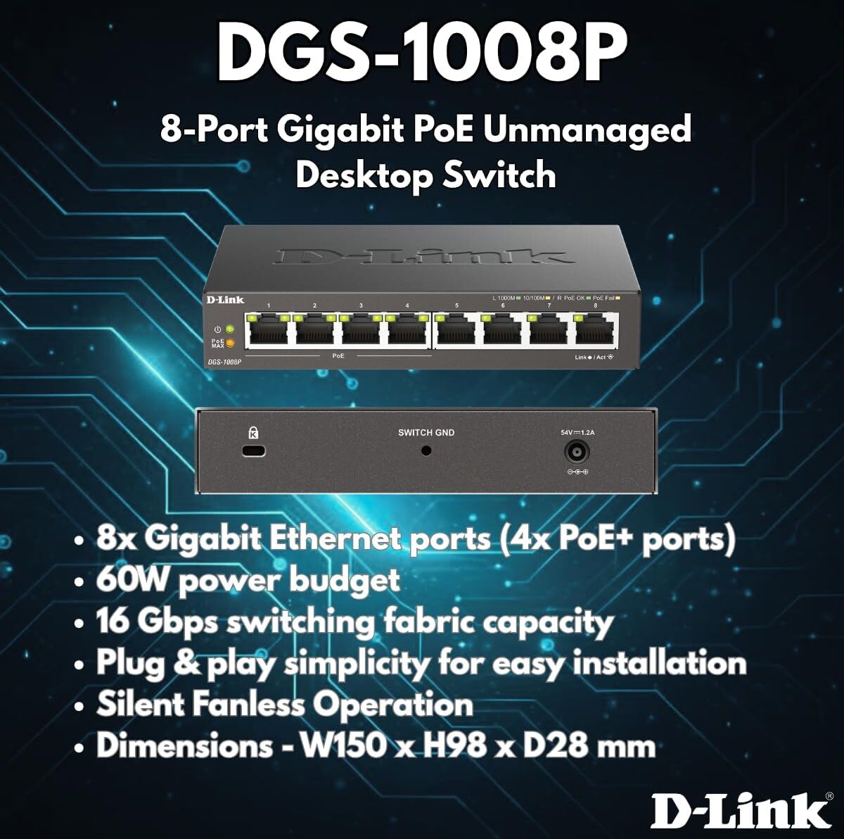 D-Link DGS-1008P 8-Port Gigabit Unmanaged PoE+ Network Switch – 4 PoE Ports, 60W Power Budget, Plug & Play, Metal Case