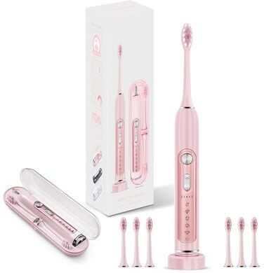 Discount Dollar Deals Super Sonic Whitening Toothbrush For Adults, Kids, Timer Smart IPX7 Waterproof Replaceable Heads Set pink