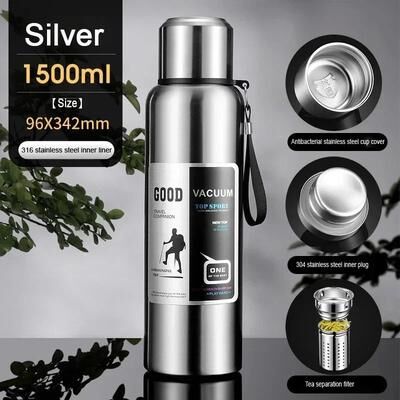 Inspire Select Large Capacity Stainless Steel Insulated Thermos Tumbler Vacuum Thermal Travel Mug For Hot & Cold Drinks silver 50.7 Fl Oz