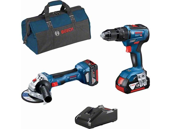 Pack BOSCH Perceuse - visseuse sans fil GSB 18V-55 + Meuleuse GWS 18V-7 + 2 batteries 4.0Ah 18V + chargeur + sac à outils