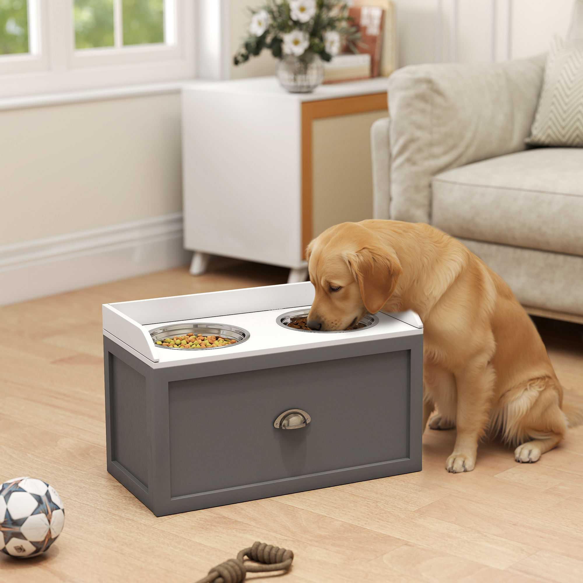 Pawhut Ciotole per Cani Rialzate in Acciaio Inox e Legno con Cassetto, 60x30x36cm, Grigio   Aosom Italy