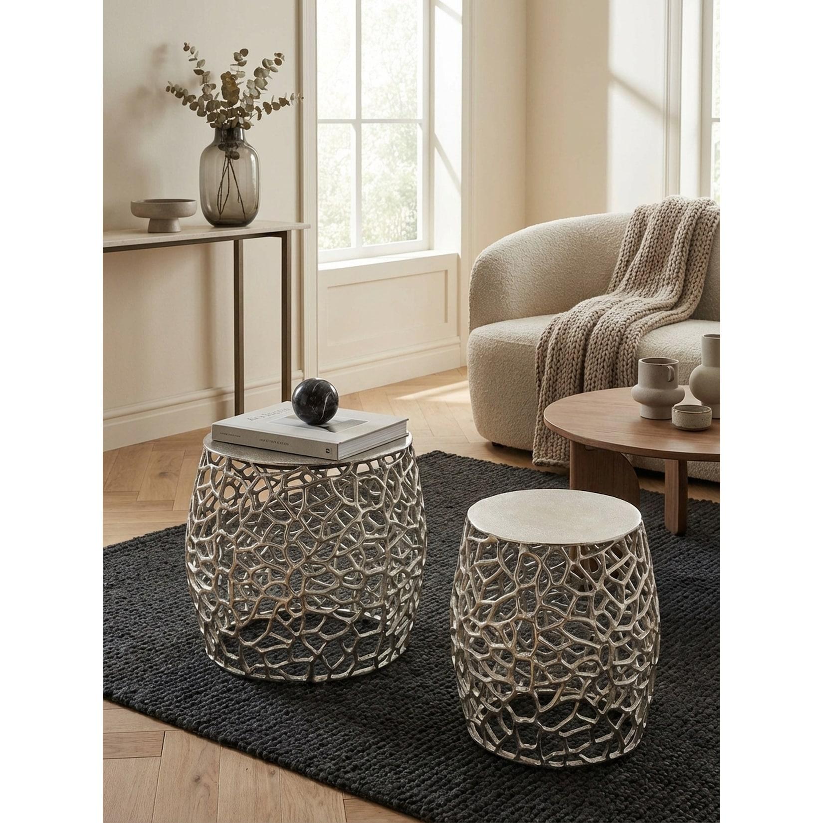 Satztisch Set – rund, Aluminium Silber, Aststruktur, 2-teilig, modern