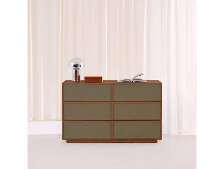 Commode décor bois et tissu 6 tiroirs noyer