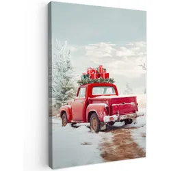 LEINWANDBILD Auto - Rot - Geschenke - Winter - Schnee - Weihnachten Wanddeko 40x60 cm