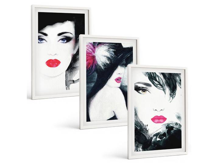 BILDER SET 3er Set - 40x60 cm Weißer Rahmen - Porträts von Frauen mit Lippen