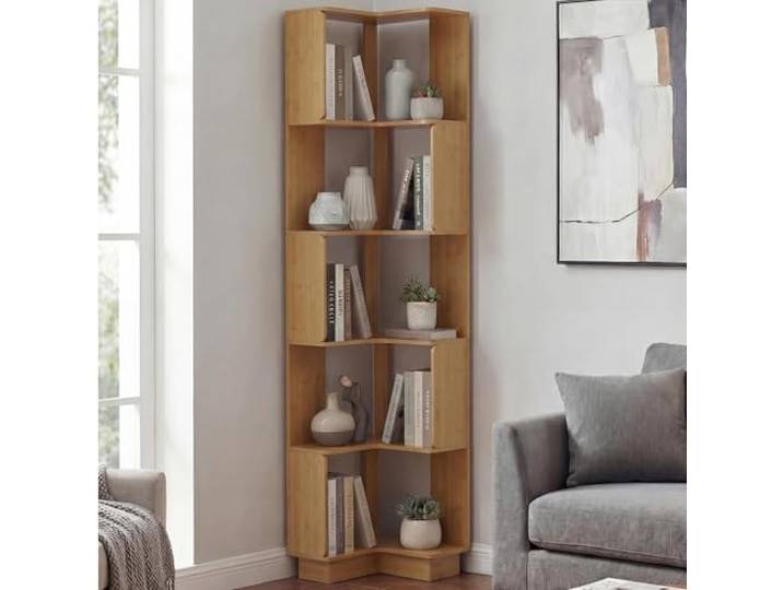 Mendler Eck-Bücherregal HWC-P53, 5 Ebenen MDF 175x40x40cm - Bambus-Optik Eckregal, Standregal, Wohnregal, Melamin