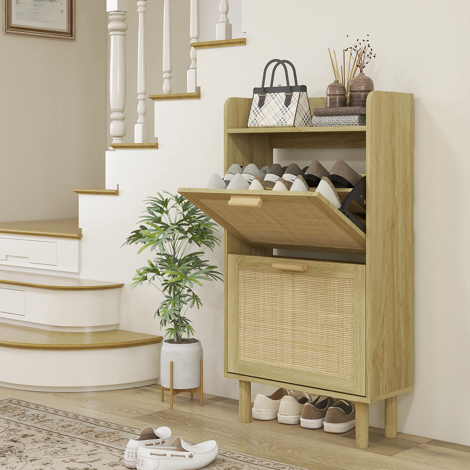 Homcom Mobile Portascarpe Stretto per Ingresso, con 2 Cassetti Ribaltabili, Ripiani Regolabili e Piano Superiore, Rovere   Aosom Italy