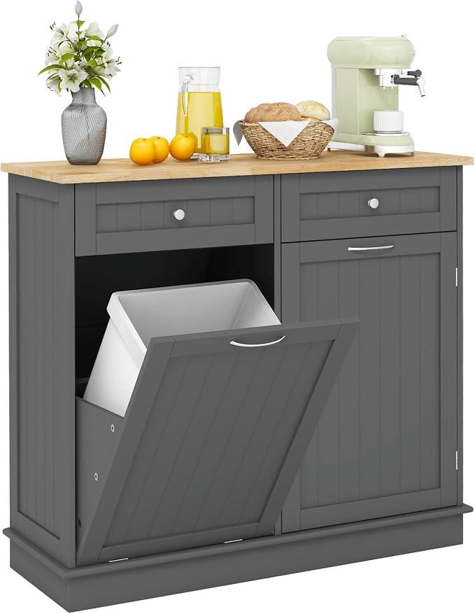 Kommode für Mülleimer 42L, Küchenschrank mit großer Arbeitplatte & 2 Schubladen & verstellbarem Regal, Mülleimerschrank mit Mülleimerhalter, Schrank für Küche ohne Mülleimer (Grau)