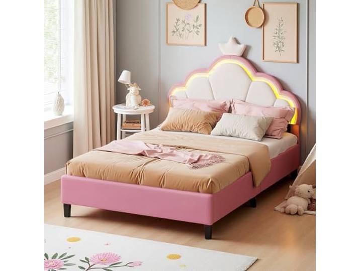 DULRLLY Kinderbett 140x200, Bett Mädchen mit Verstellbares Kopfteil und LED-Beleuchtung, Prinzessin Bett für Kinder, Kronen-Einzelbett Polsterbett Bettgestell für Mädchen, Ohne Matratze - Rosa