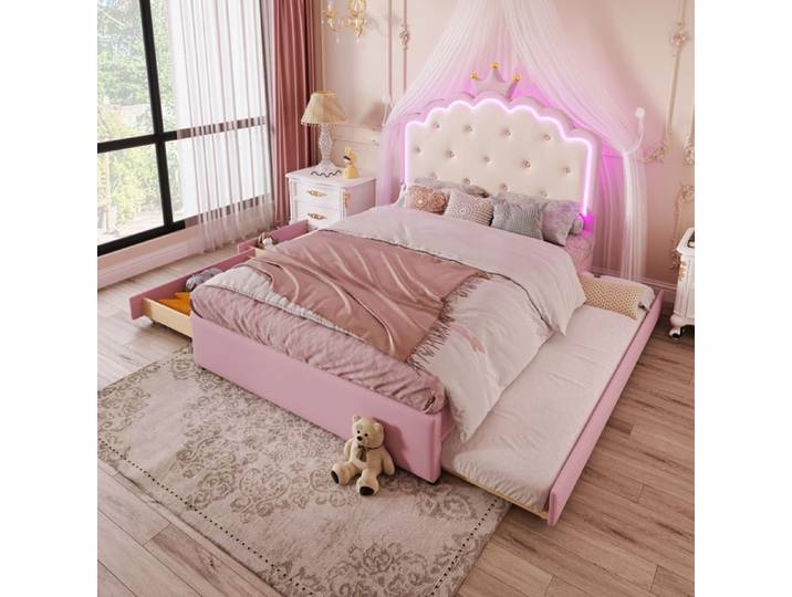 ULEVR Lit enfant princesse rembourré avec lit gigogne 203x143x137 5 cm - LED réglable 2 tiroirs rose PU