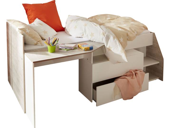 Hochbett PARISOT Milky , grau (weiß, eichefarbenen), B:90cm L:203cm, Beschläge aus Metall, Hochbetten, Hochbett, mit kleiner Arbeitsfläche und kleiner Kommode, extra Stauraum