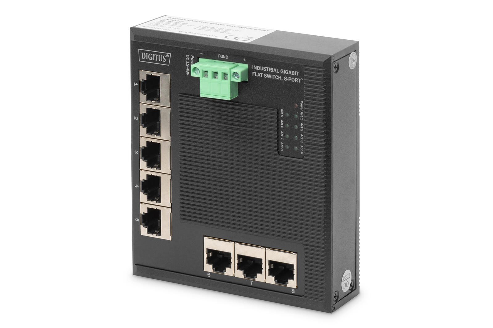 Digitus 8 Port Gigabit Ethernet Netzwerk Switch, Flat, Industrial, Unmanaged DN-651127