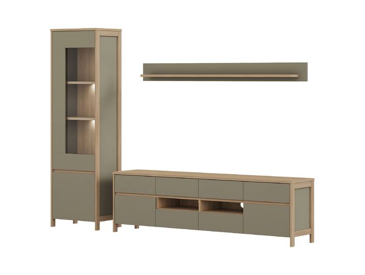 Wohnwand 3-teilig - Vitrine Spanplatte, beschichtet Grün/Salbei 266 x 195 x 39cm