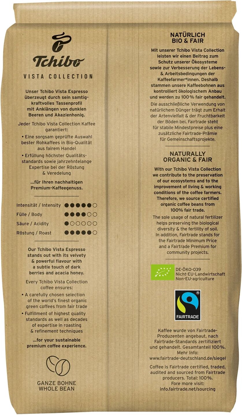 Tchibo - Vista Collection Bio Espresso - 6x 1 kg Ganze Bohne - Intensität: 5/6