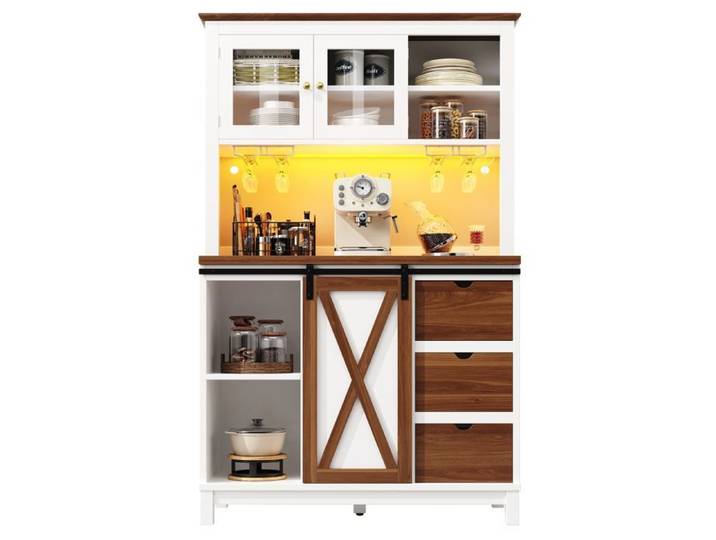 ULEVR Armoire de cuisine haute avec porte coulissante et LED 104 x 40 x 180 cm étagères réglables blanche