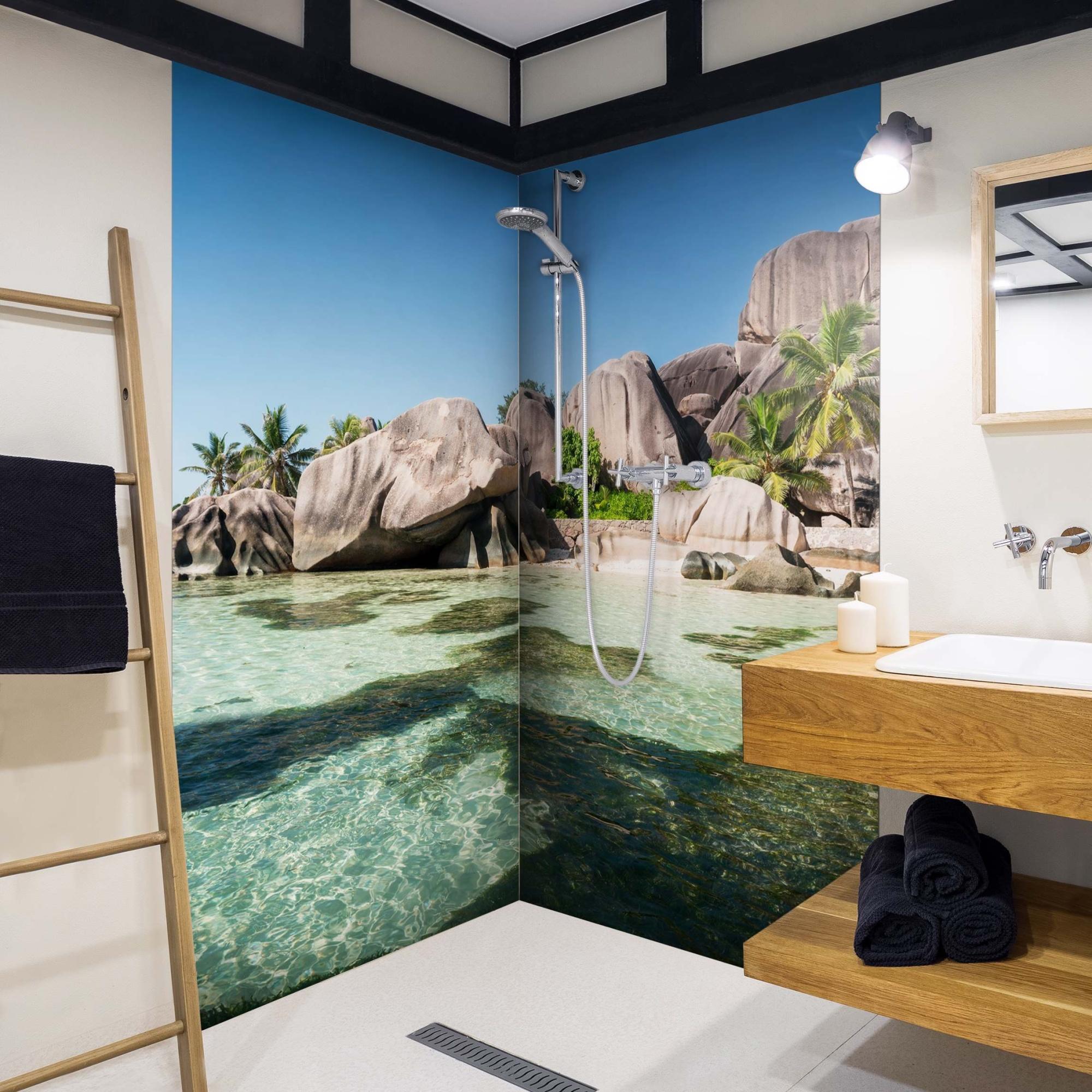 Duschrückwand Strand selbstklebend - 0.35 mm Wandpaneel wasserfest Karibik türkis Tropisch Badrückwand fugenlos Smart matt 110x210 cm