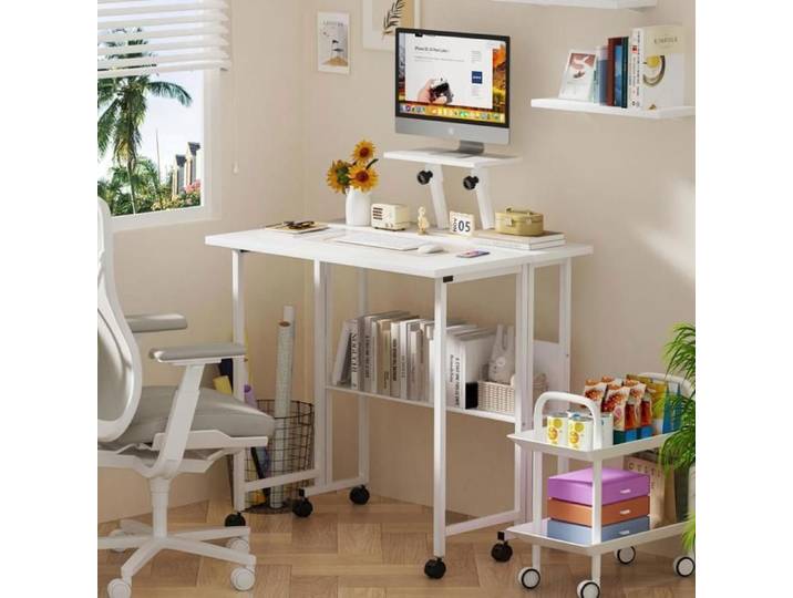 Table Pliable de bureau PIPIPOXER Bureau d'ordinateur avec plateau renforcé et étagère avec roulettes 80x58x75 cm Blanc