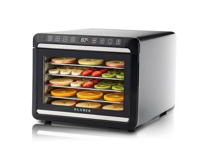 KLAMER Dörrautomat Edelstahl 500 W, 24h-Timer, Temperaturregler 35-80 Grad Touch-Steuerung mit Anzeige für Temperatur und Restlaufzeit. Die Abschaltautomatik sichert auch nächtliches Trocknen ab