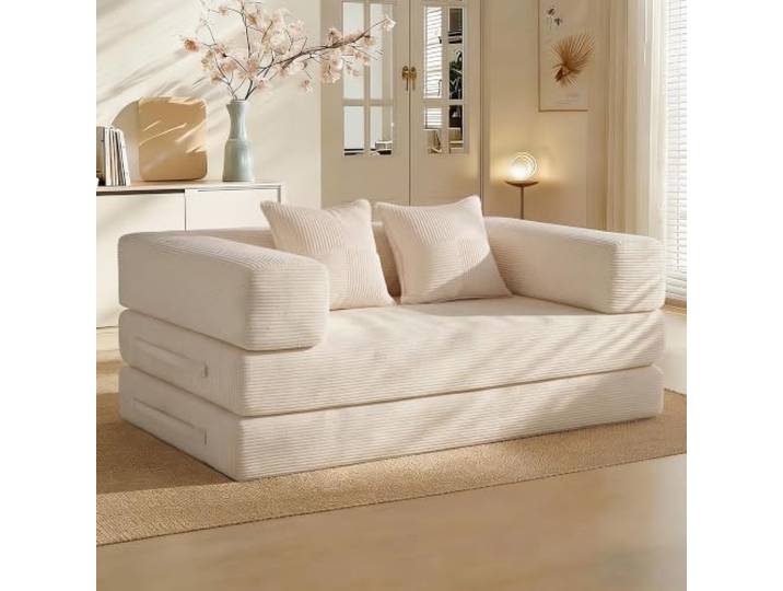 Vipbear Schlafsofa 160cm Breit, Boneless Couch mit Schlaffunktion Cord Sofa 5-in-1 Bodensofa, 2 Sitzer Boneless Schlafcouch, Cloud Modulares Sofa Bed für Wohnzimmer Schlafzimmer Lounge Weiß