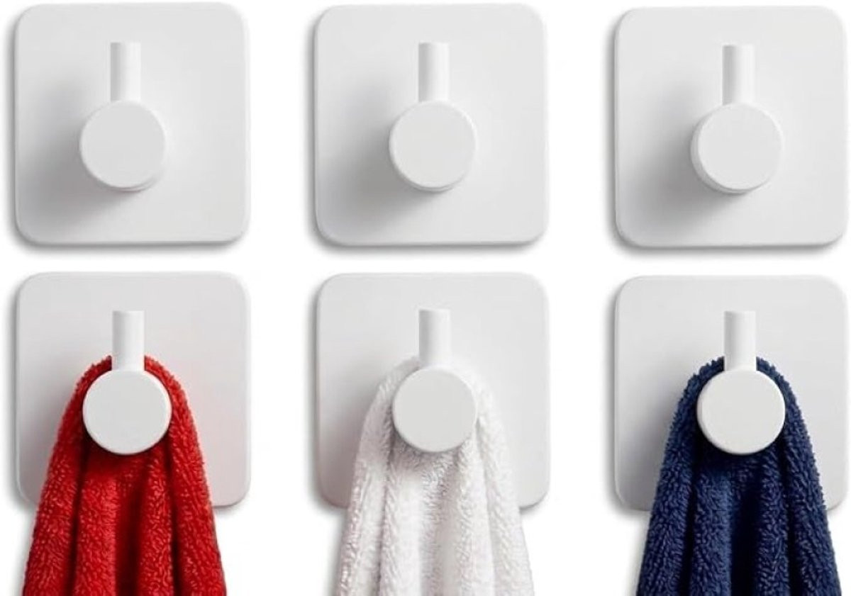 PolkaHome Zelfklevende Handdoekhaak RVS - Set van 6 - Wit