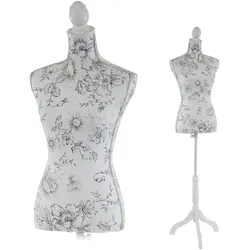 Schneiderpuppe T223, Schaufensterpuppe Torso weiblich, Fiberglas ~ Weiß mit Blumen