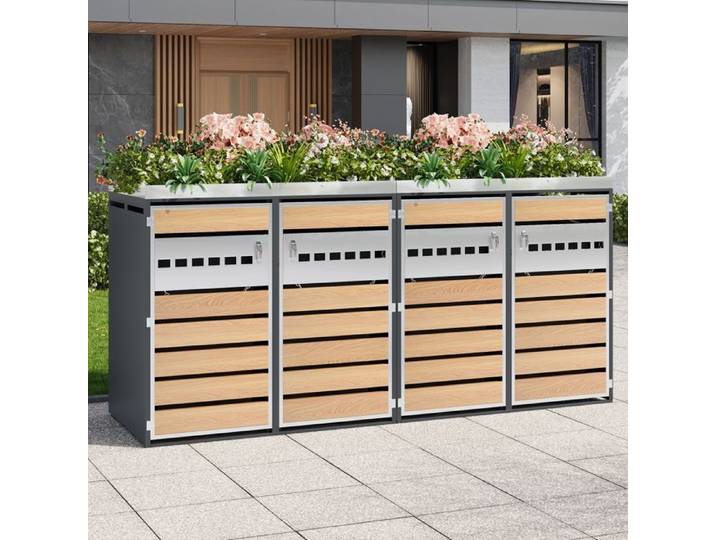 Boîte à ordures modulaire - Quatre compartiments - Jardinière intégrée - Ventilation perforée - Acier galvanisé