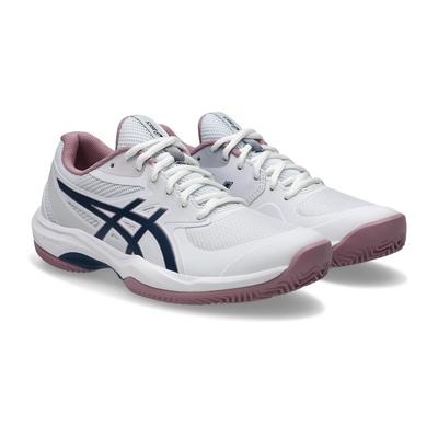 Tennisschuh ASICS "GAME FF CLAY", Damen, Gr. 41,5, weiß (weiß, independence blau), Synthetik, Schuhe, Sandplatzschuhe für Ascheplätze