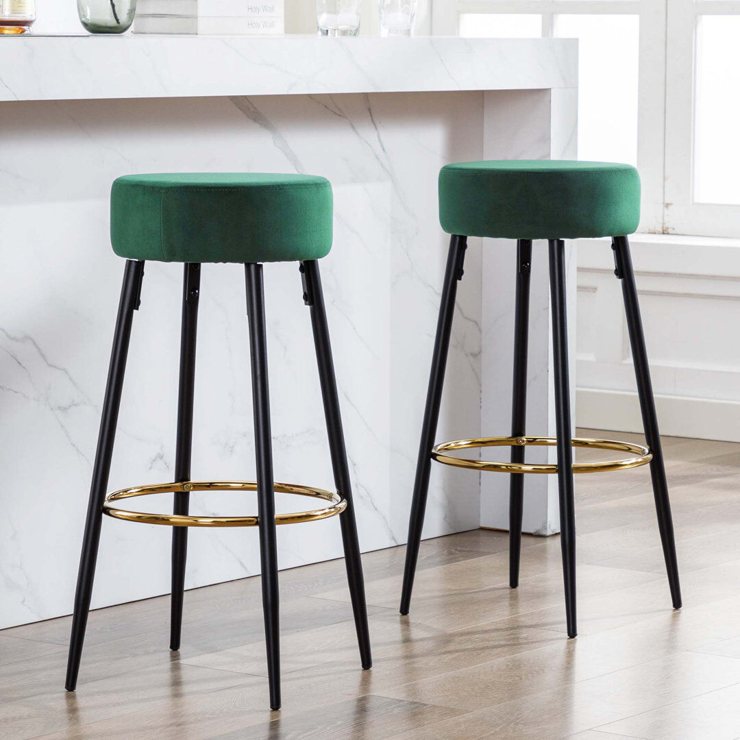 Blue Elephant Modern Velvet Bar Stool with Gold Footrest and Black Metal Legs, Counter Height Kitchen Stool Dark Green 76.2cm H X 39cm W X 39cm D