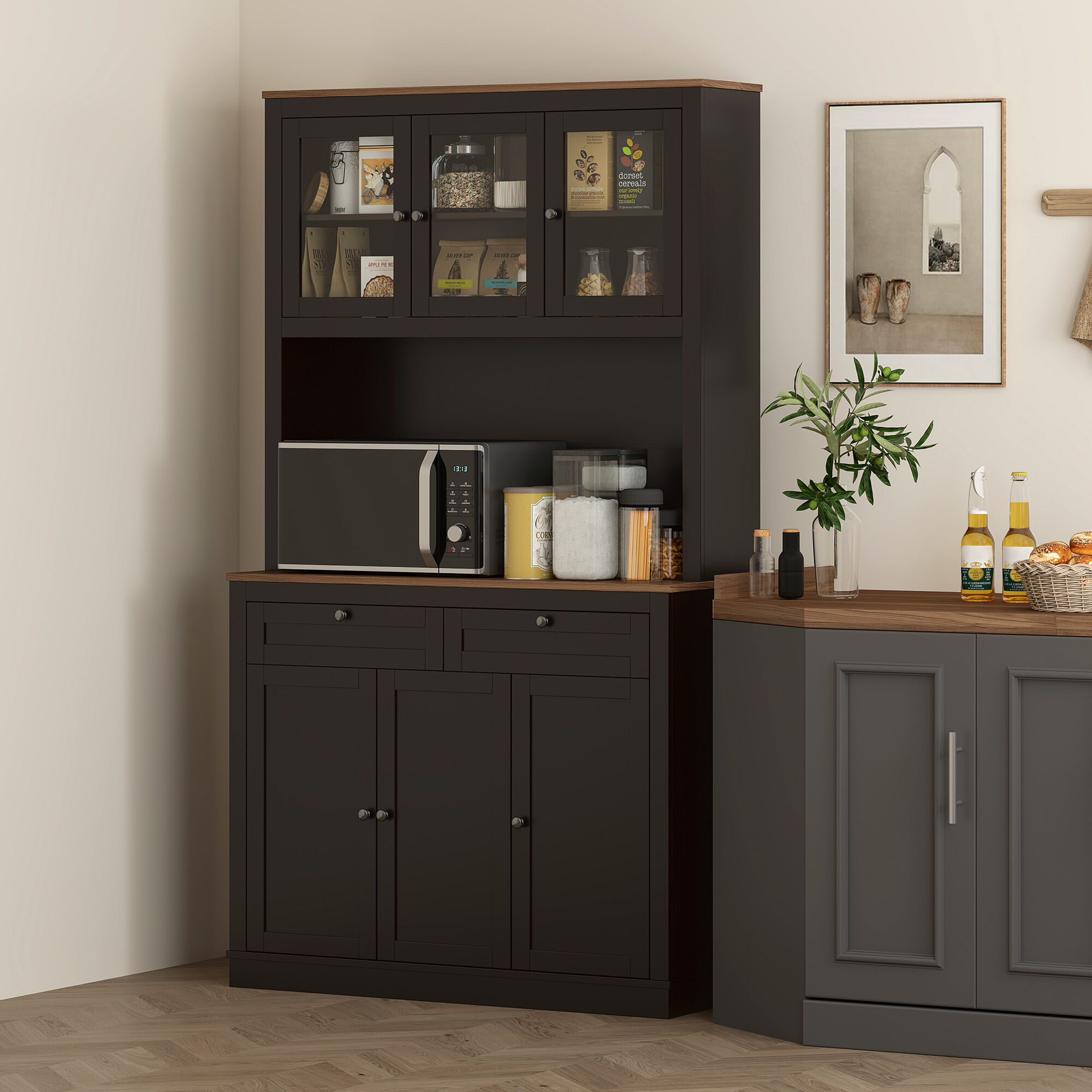 Altro Credenza Cucina Alta Con 4 Armadietti, 2 Cassetti E Piano Centrale, 100x40x180 Cm, Nero