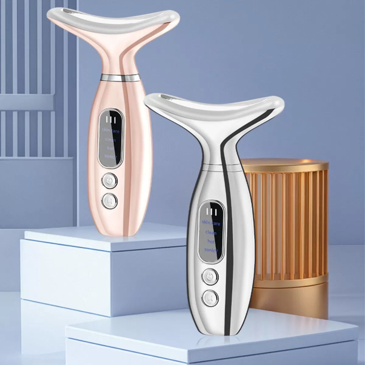 INF Vibrierendes, beheiztes Nackenmassagegerät für Nacken und Gesicht, USB-aufladbar, konstante Temperatur-Wärmetherapie Roségold