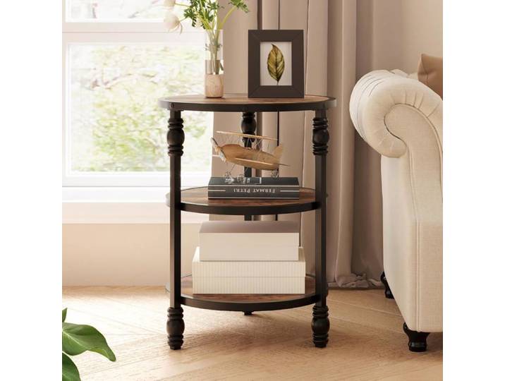 Table d'appoint ronde avec 3 étagères table de chevet et table basse avec cadre en acier salon chambre Marron