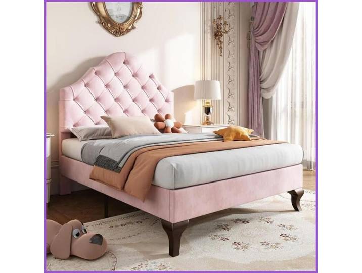 Lit Capitonné 90x200 cm - Tête Réglable - Lattes Bois - Velvet Rose - Pour Adolescents