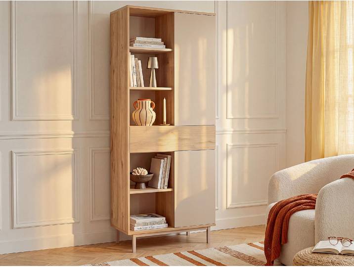 Bücherregal mit 2 Türen, 1 Schublade und 5 Ablagen - Beige und Naturfarben hell - REYALA