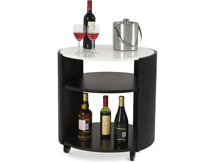 iAnanas Bartisch Holz & Marmor - Luxus Servierwagen & Barwagen - Weinregal, Rollbarer Bartisch mit Marmorplatte und Stauraum für Weinflaschen