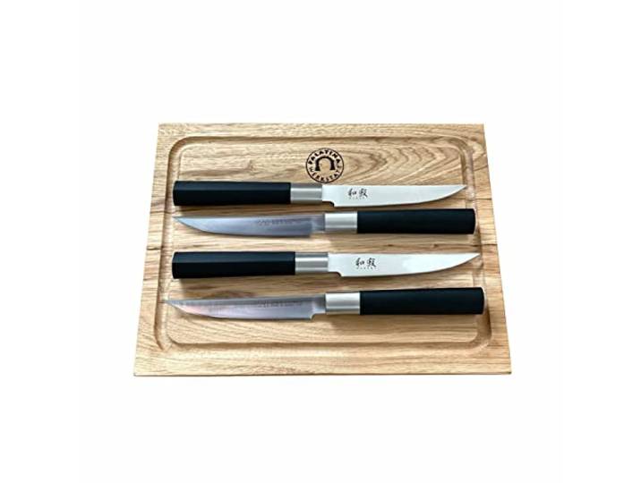 KAI Wasabi Black Steakmesser 67S-400 12cm - Angebotsset 4-teilig - Die erste Wahl für Steakliebhaber & Profi-Köche + 100% handgefertigtes Schneidebrett Unikat aus Eiche 30x22cm