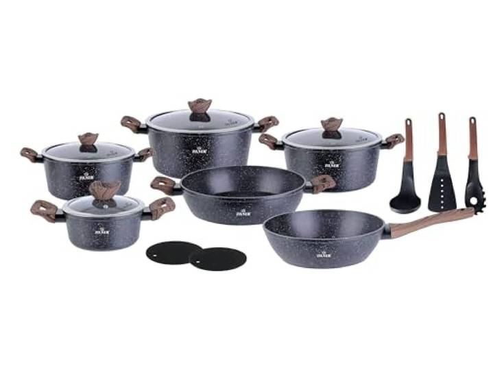 ZILNER Töpfe & Pfannen Set 15-teilig, Marmor- & Keramikbeschichtung Schwarz Topfset mit Glasdeckeln für alle Herdarten inkl. Induktion, antihaftbeschichtet, Silikonuntersetzer, Nylon-Küchenutensilien