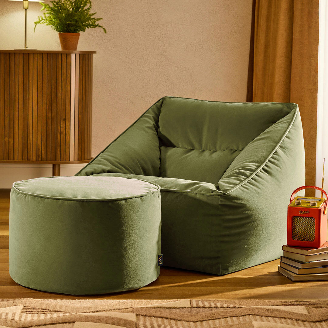 icon Natalia Velvet Adults Bean Bag Armchair and Pouffe, Ready Filled Large Beanbag and Footstool Forest Green Olive Green Large;Medium